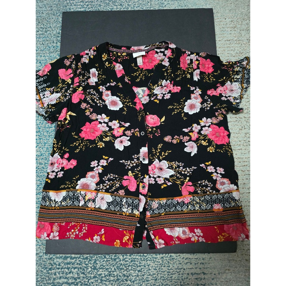 Knox Rose,‎ Floral Print Button Down Shirt Short Sleeve Bohemian Top (A)